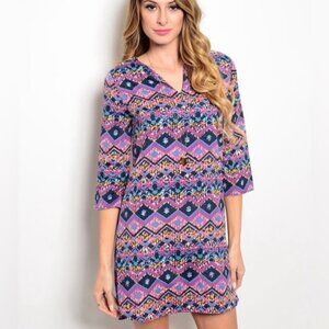 EVERLY USA 🇺🇸 Made‎ ST. DR4275N Notch V Neck Shift Dress Purple Tile Print XS